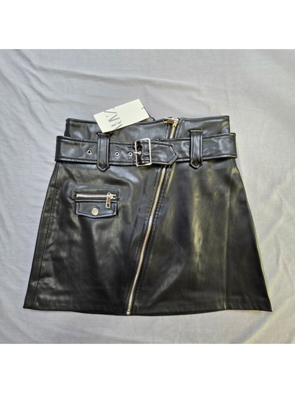 NEW Zara Medium Faux Leather Mini Skirt Black With Belted Waist & Zipper